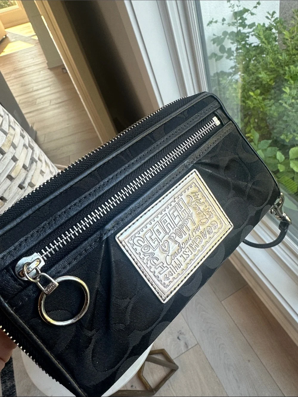 Coach Black Signature Wristlet with Silver Plaque